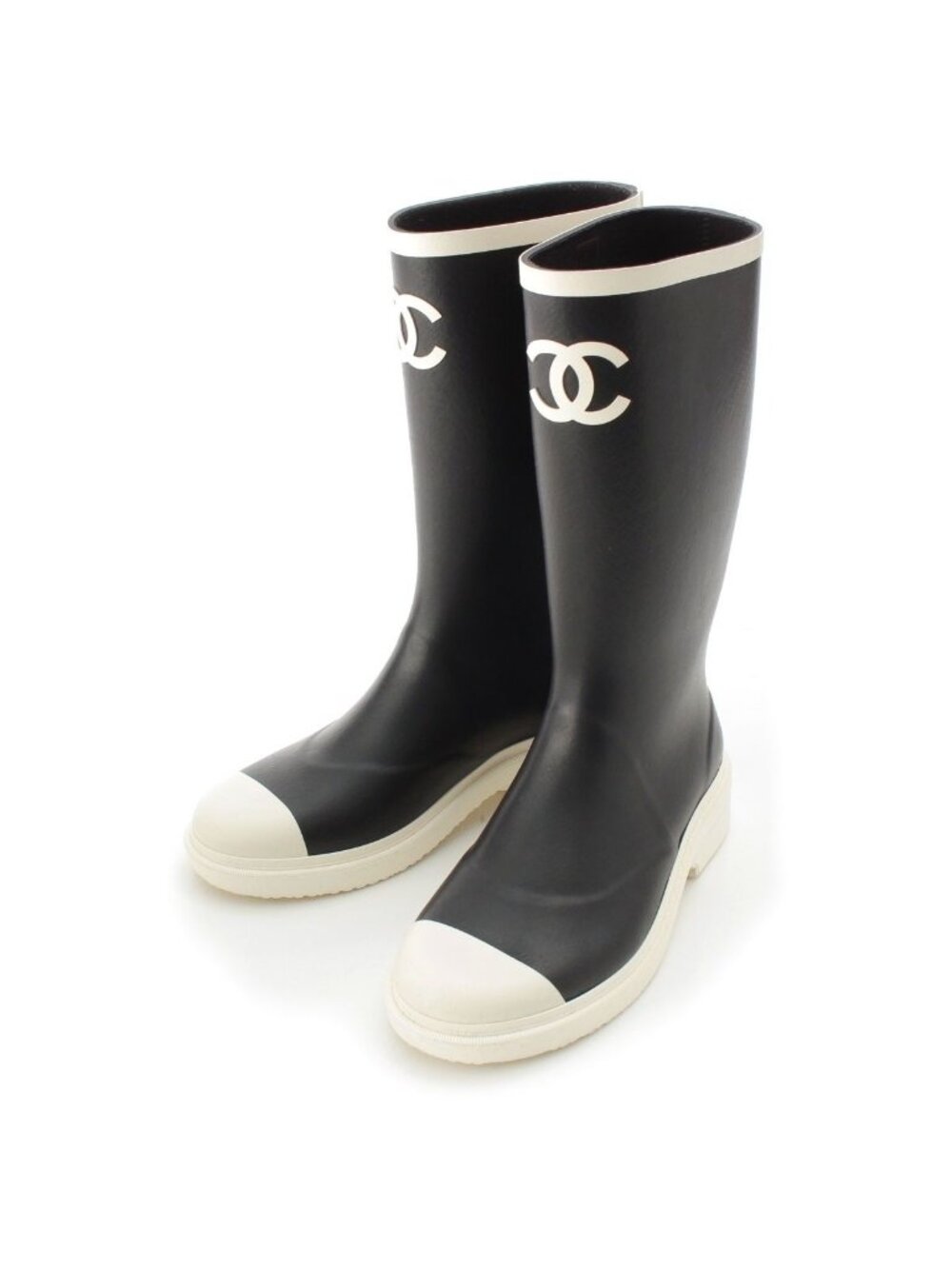 Chanel Rubber CC Logo Long Boots Rain Shoes Black White